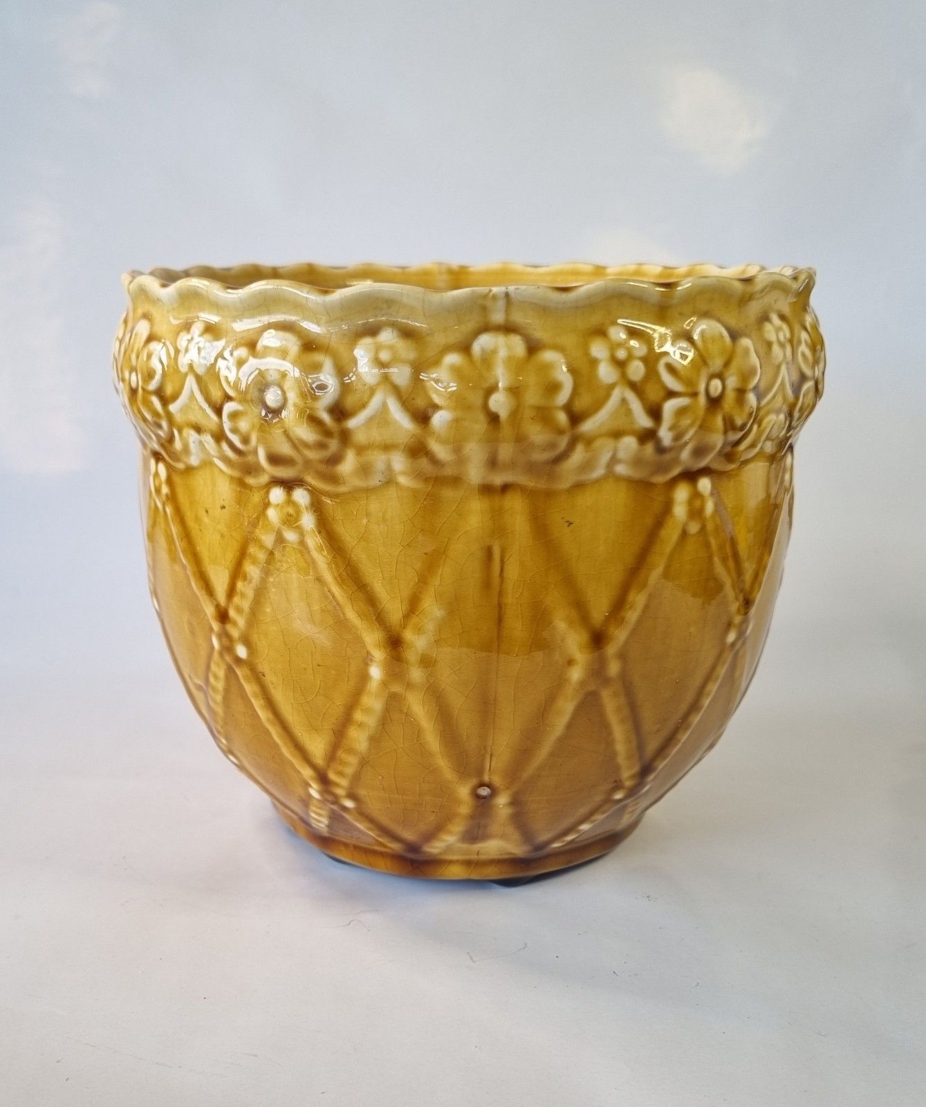 Antique C1919 Medium Mustard Yellow Majolica Jardiniere Ornate Floral Plant Pot photo for sale