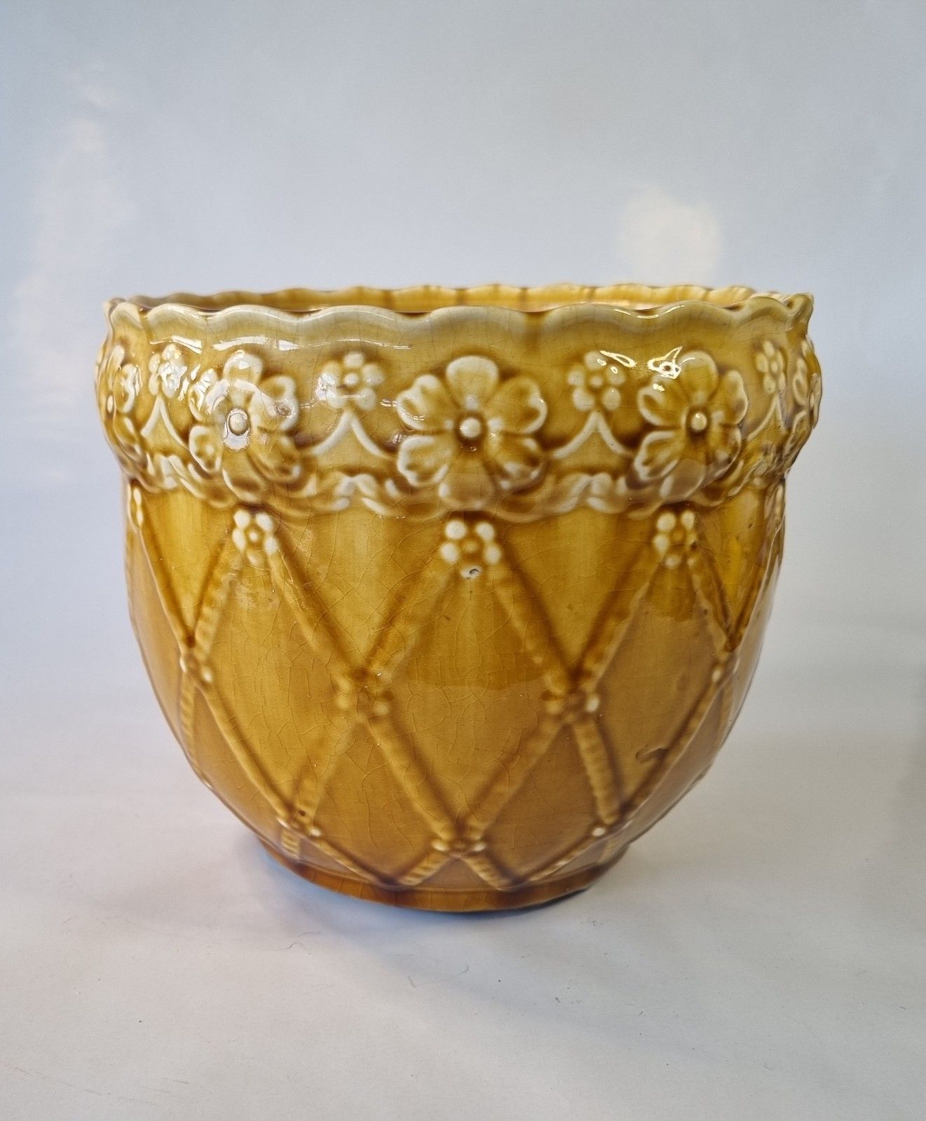 Antique C1919 Medium Mustard Yellow Majolica Jardiniere Ornate Floral Plant Pot photo Home Decor