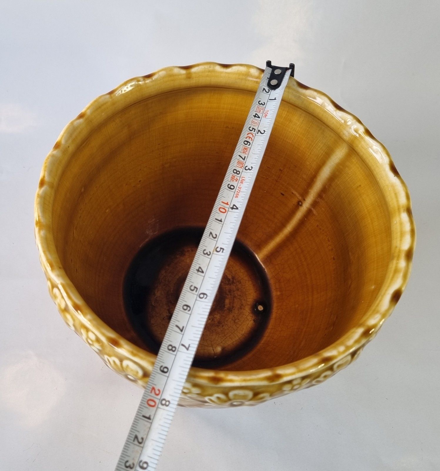 photo buy Antique C1919 Medium Mustard Yellow Majolica Jardiniere Ornate Floral Plant Pot