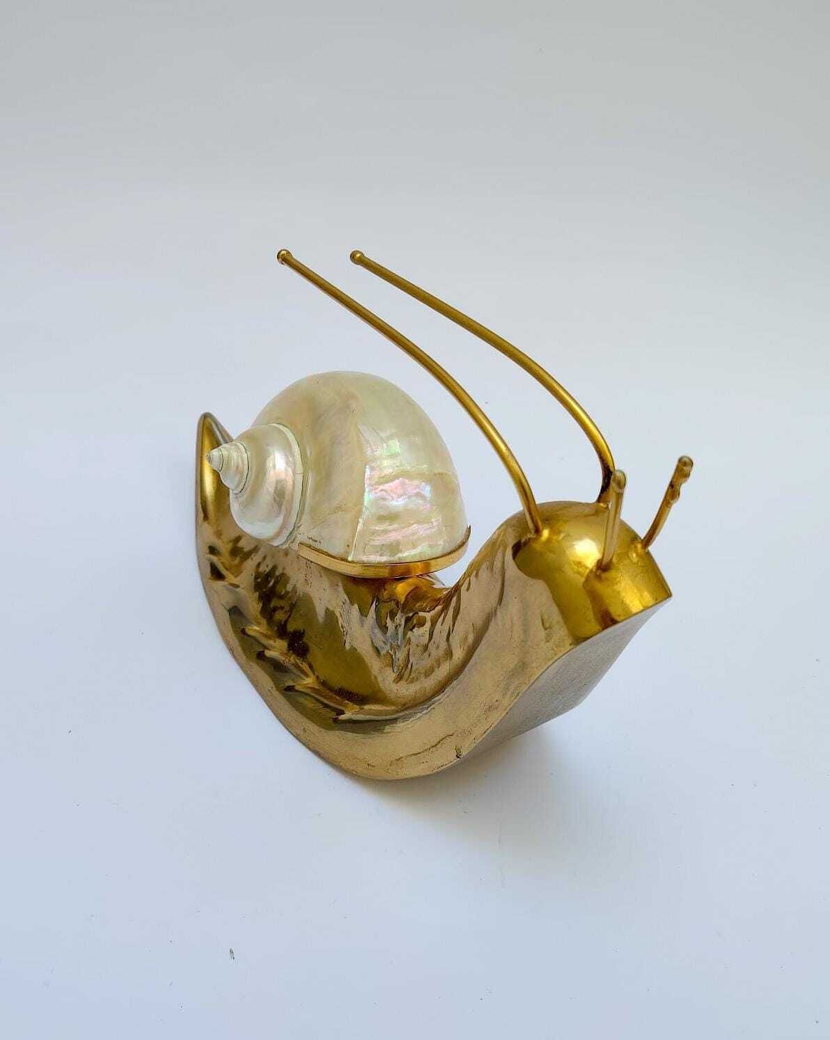 Vintage Mid Century Design Brass Snail Sculpture With Mother Of Pearl Shell, 35 Cm photo Art