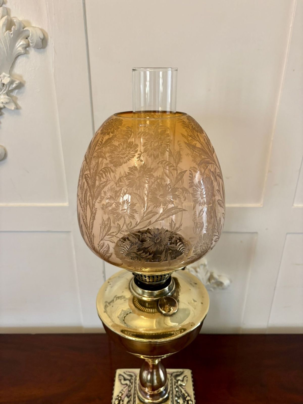 Antique 19th Century Brass Oil Lamp With Etched Amber Glass Shade photo buy