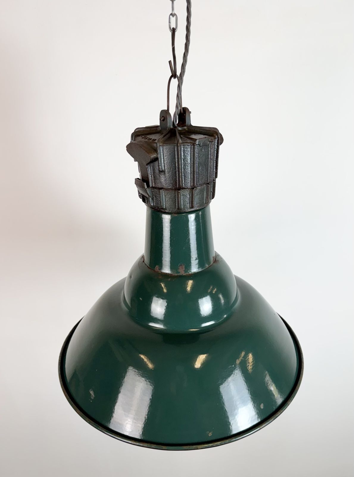 Industrial French Petrol Enamel Pendant Lamp From Sammode, 1950s photo buy