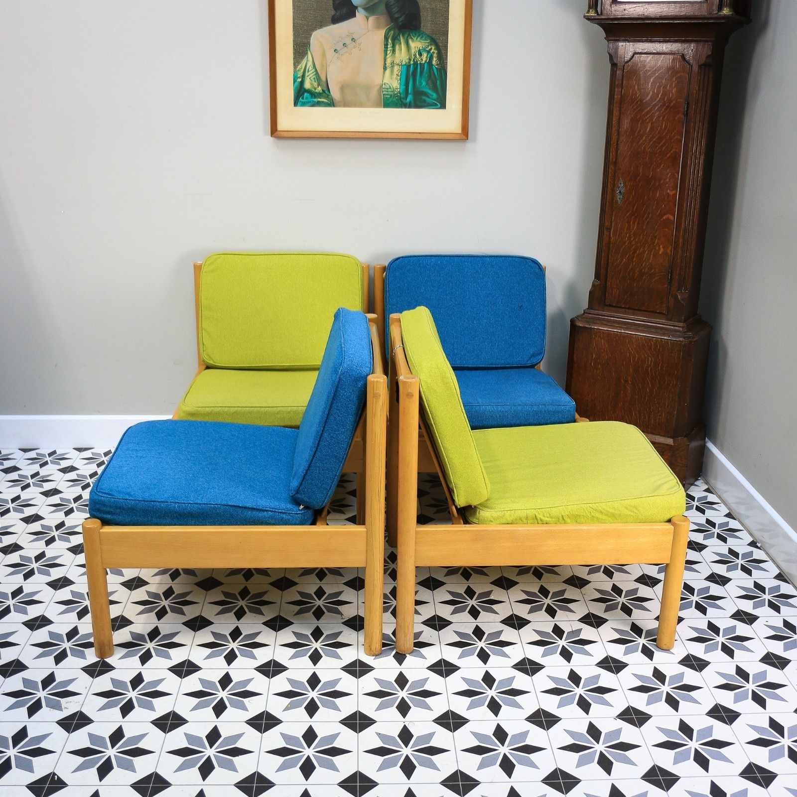Furniture Ercol 747 Modular Lounge Chairs Set Of 4 In Teal And Green. photo