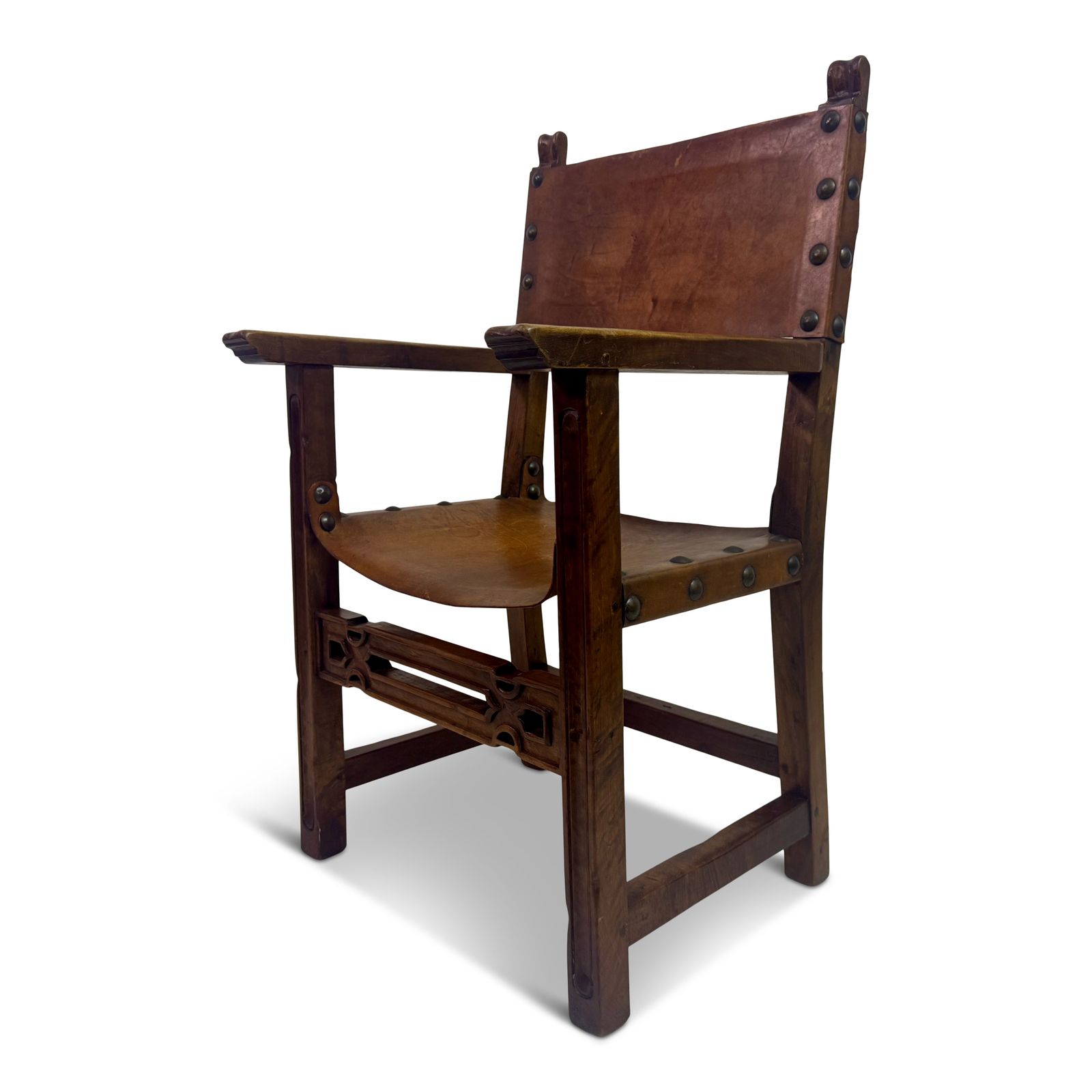 Mid 20th Century Spanish Walnut And Leather  Armchair