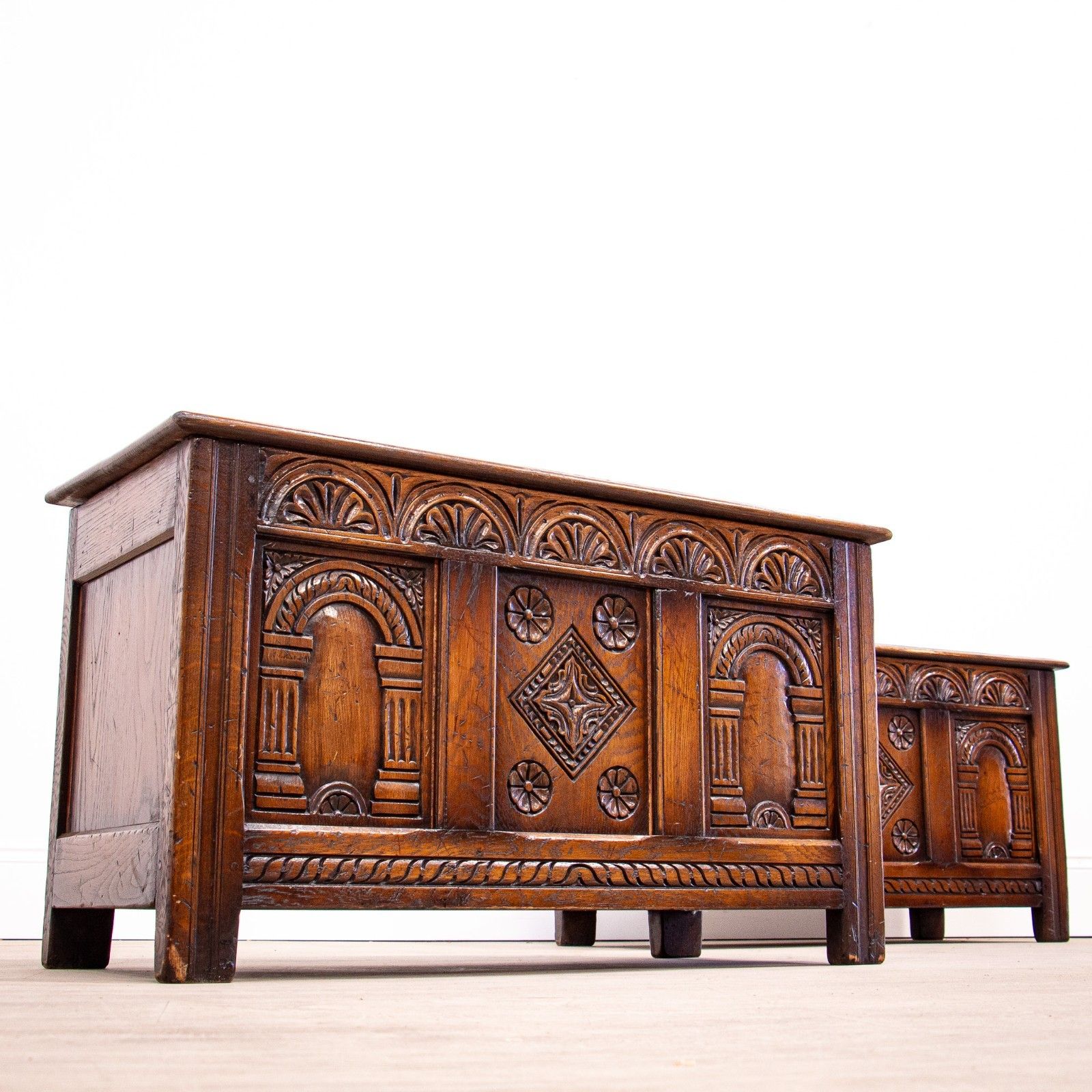 Pair Of 17th Century Style Carved Oak Storage Coffers photo for sale