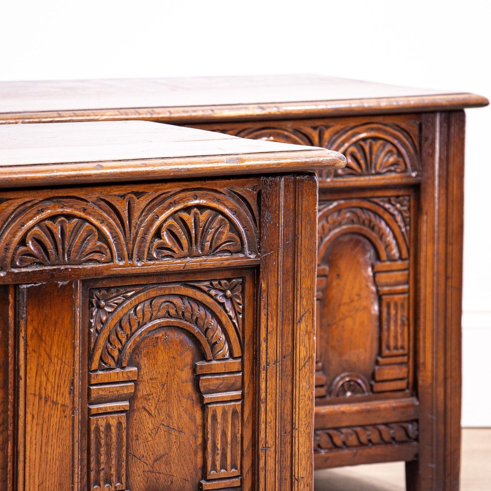 photo for sale Pair Of 17th Century Style Carved Oak Storage Coffers