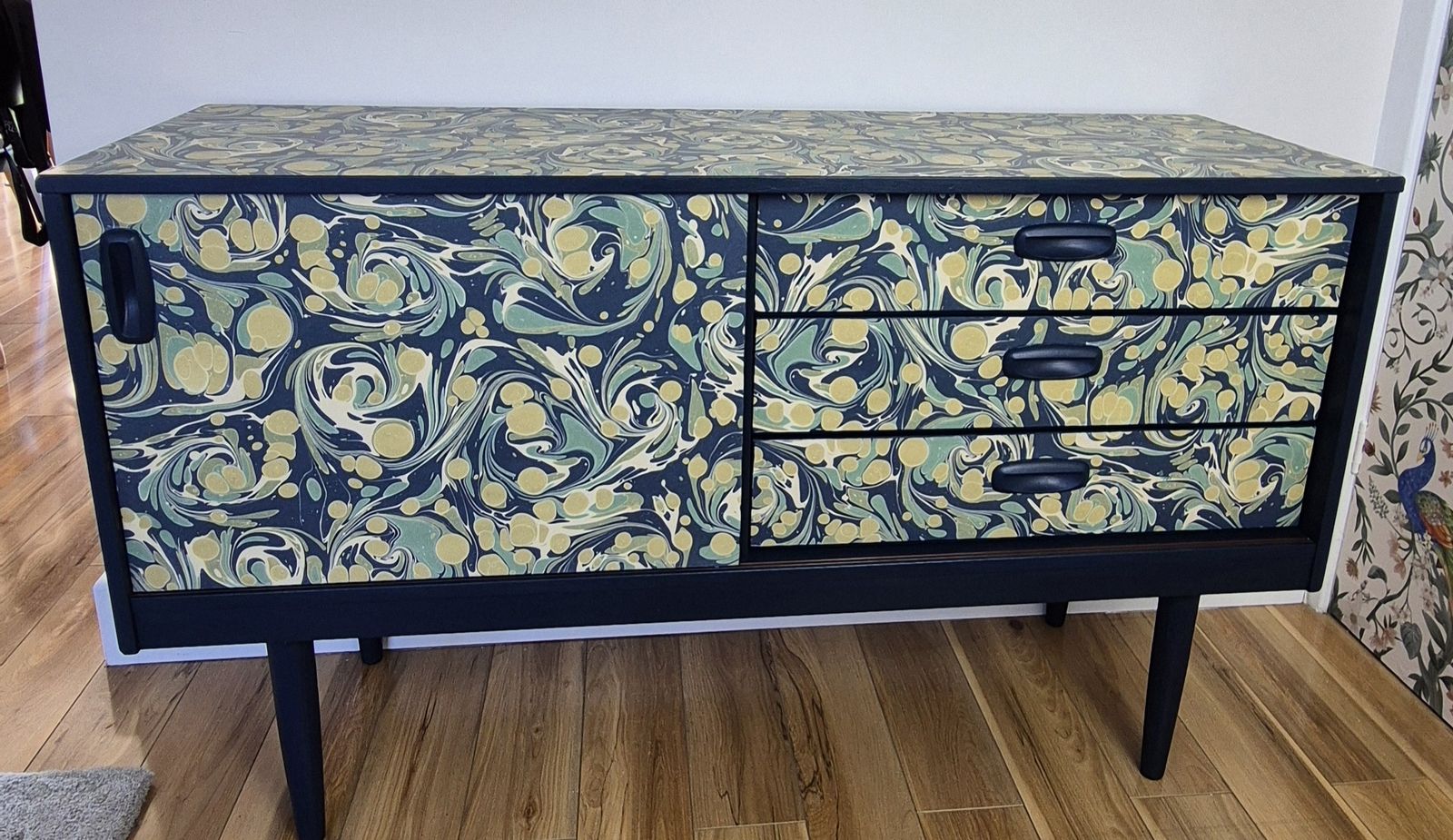 Schreiber Mid Century Sideboard | Decoupaged In Isabelle Boxall Eddy   Tea Leaf & Navy photo vinterior