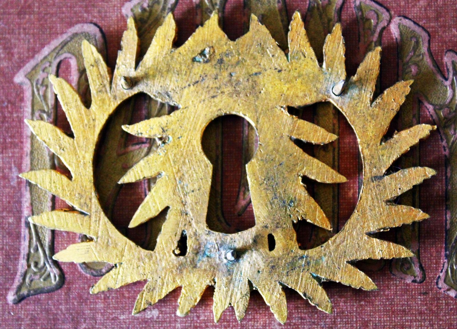 54.0 Grande entrée de serrure d'époque en bronze doré, style Régence Empire, double couronne de laurier, quincaillerie ancienne photo