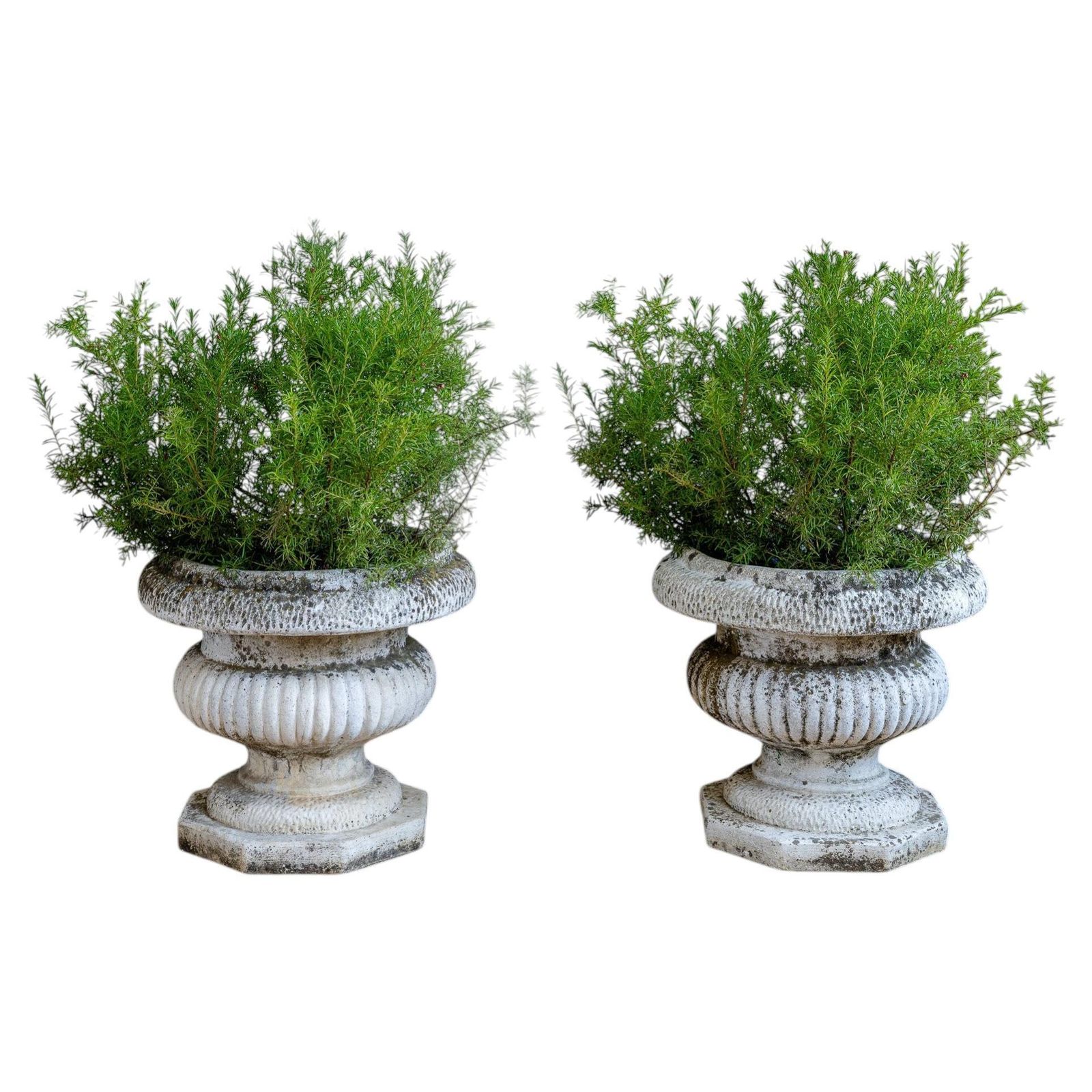 Pair Of Antique Style Weathered Stone Campana Urn Planters