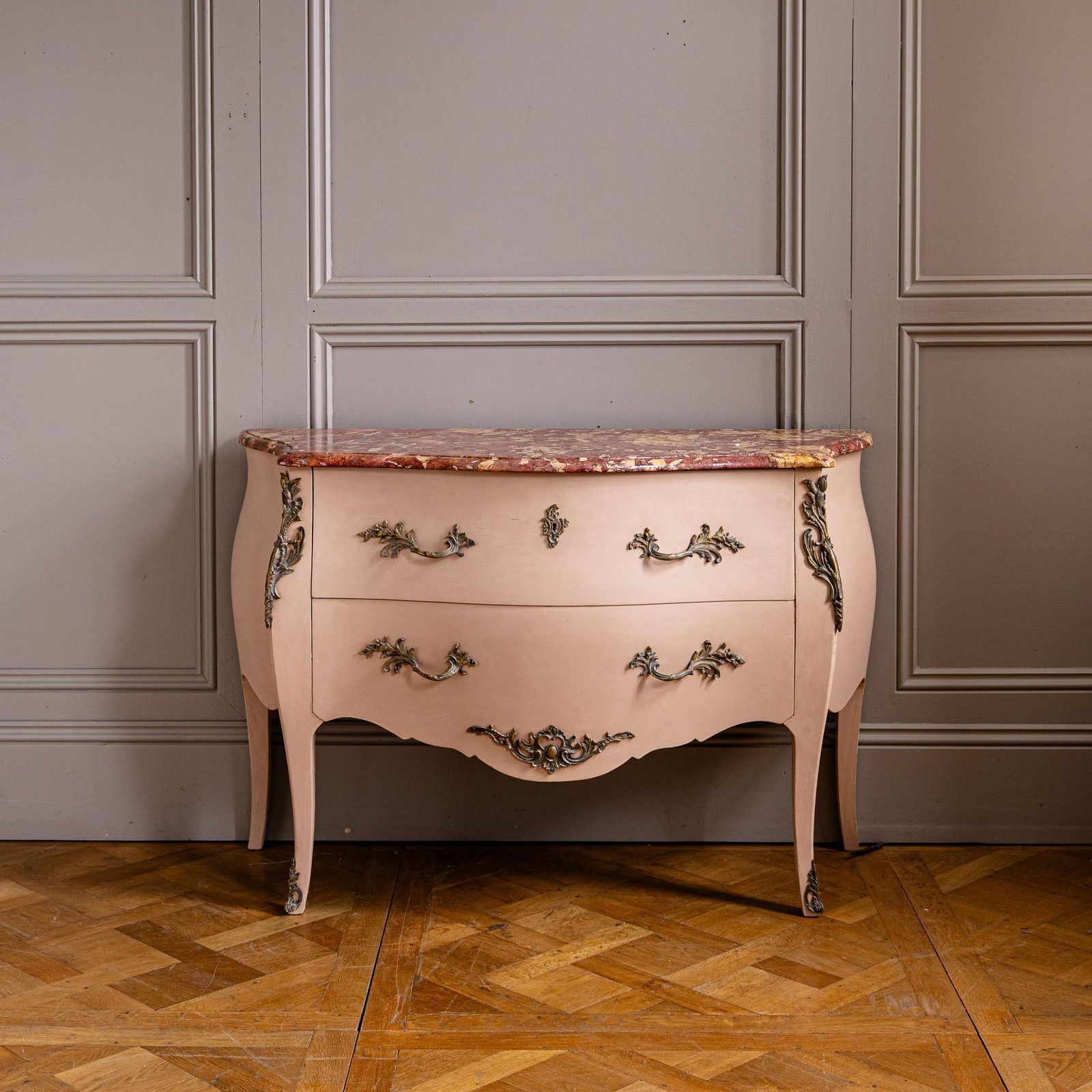 Pink Turn Of The Century Louis XV Style Bombe Chest Of Drawers With Marble Top photo for sale