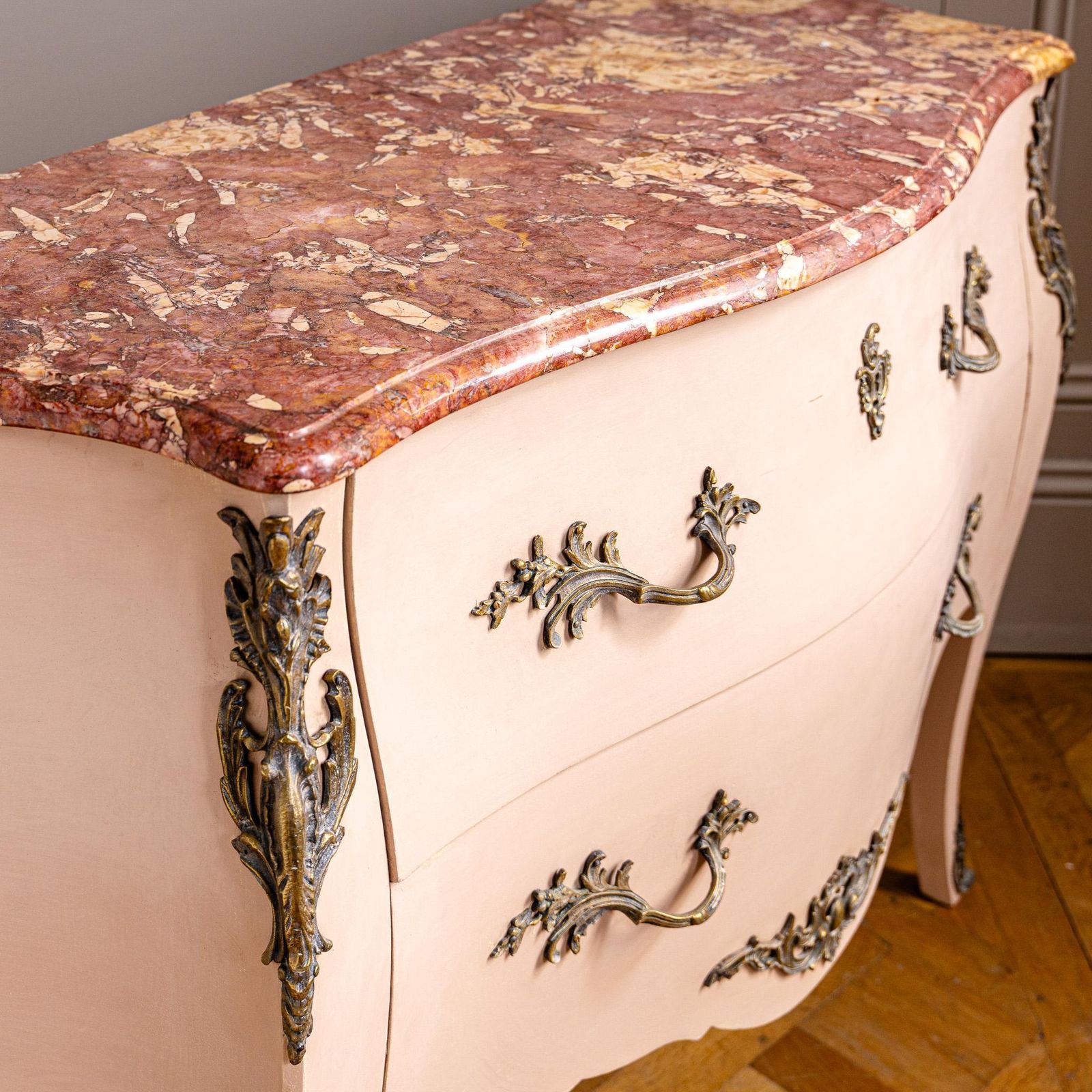 photo for sale Pink Turn Of The Century Louis XV Style Bombe Chest Of Drawers With Marble Top