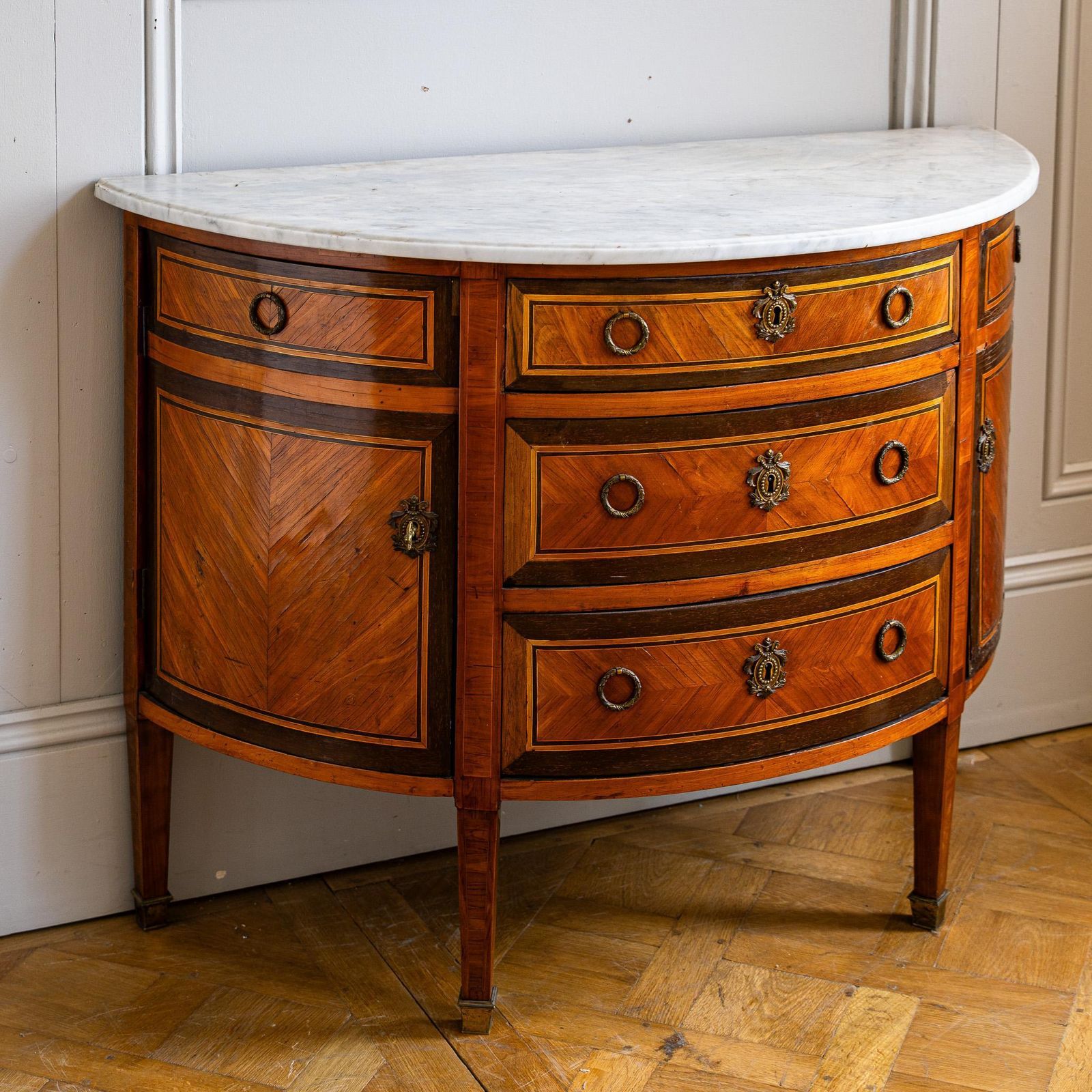 Louis XVI Style Demilune Marquetry Commode With Marble Top photo for sale
