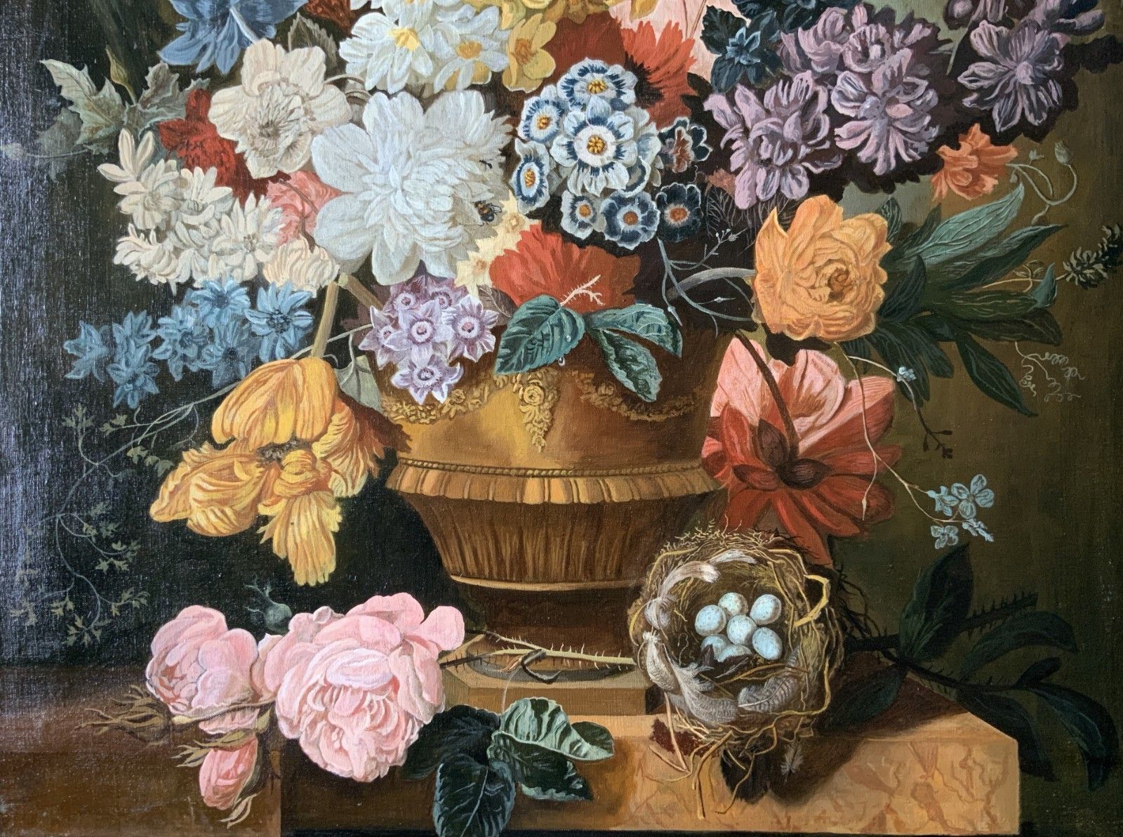 Large Dutch Still Life Oil Painting 18thc Style Floral & Birds Nest (2 Of 2) photo 1250.0