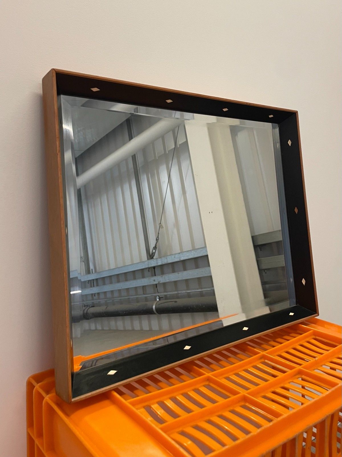 300.0 Vintage Mid Century The Rowley Gallery Teak Leather Edge Framed Wall Mirror photo
