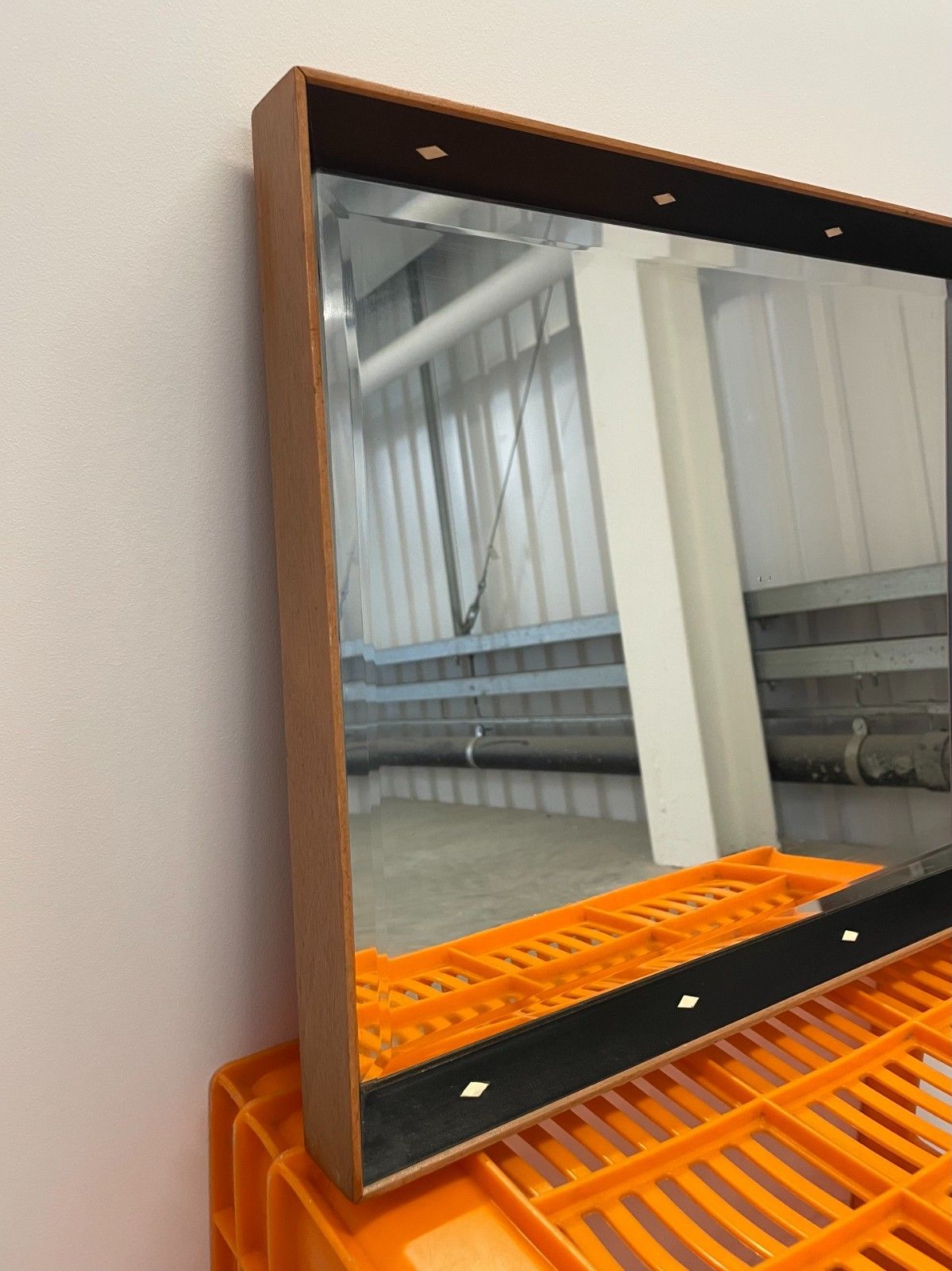 photo vinterior Vintage Mid Century The Rowley Gallery Teak Leather Edge Framed Wall Mirror