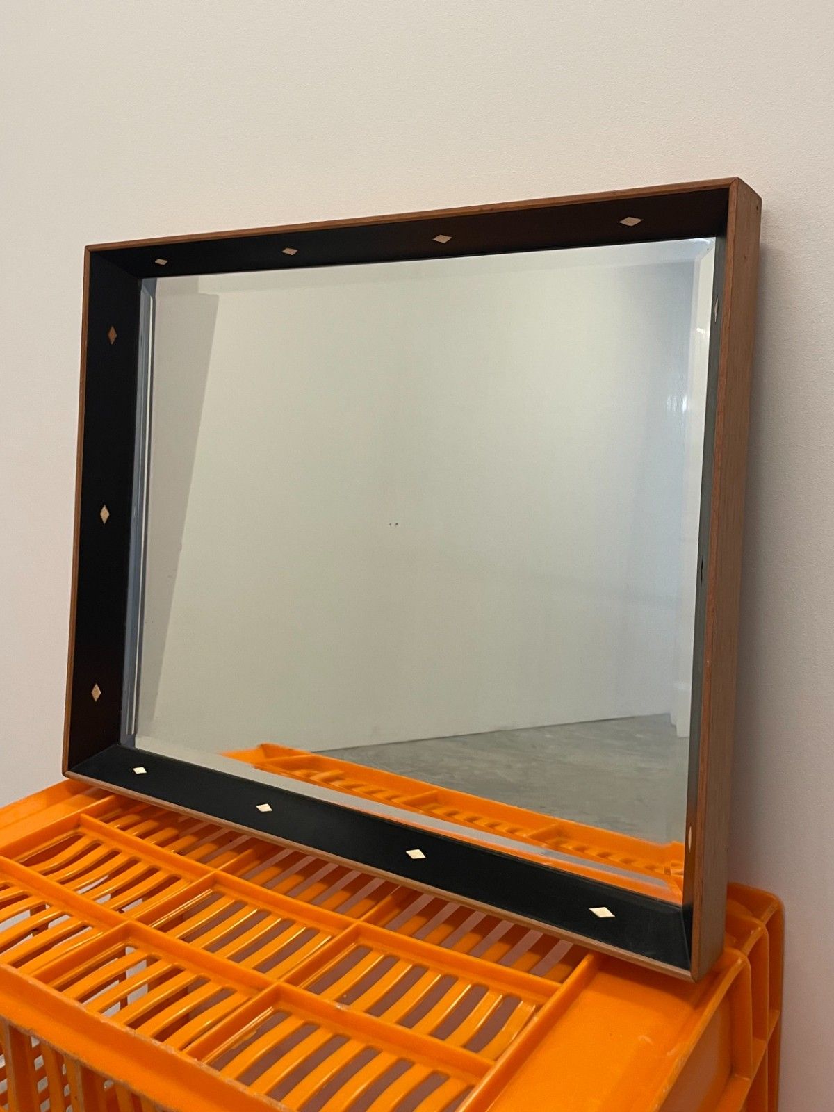 photo buy Vintage Mid Century The Rowley Gallery Teak Leather Edge Framed Wall Mirror