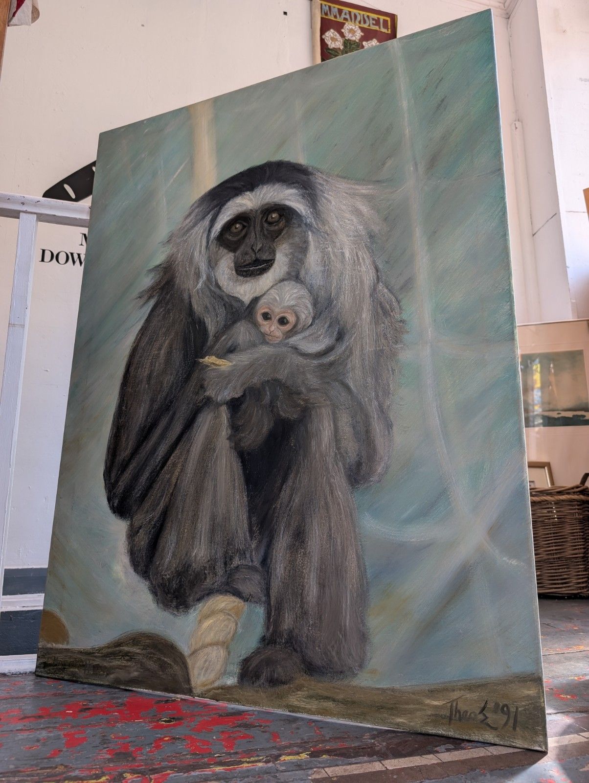 Late 20th Century Large Scale Oil On Canvas Colobus Monkeys In The Wild.
