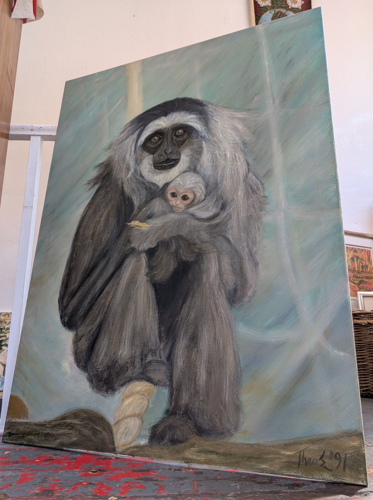 Late 20th Century Large Scale Oil On Canvas Colobus Monkeys In The Wild. photo Art