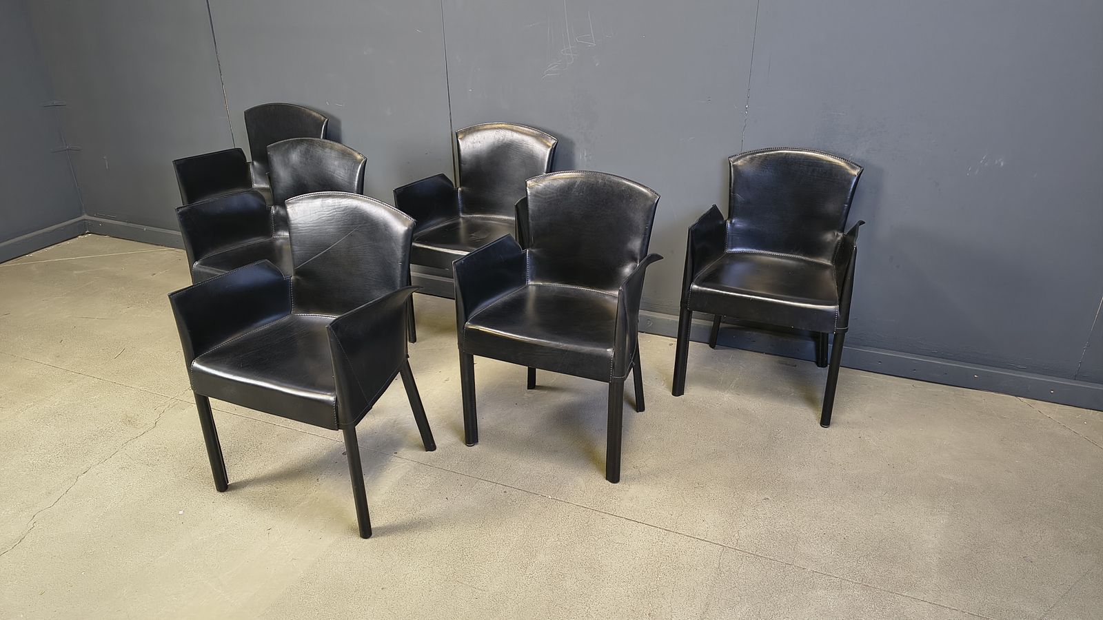 photo for sale Black Leather Italian Dining Chairs, 1980s   Set Of 6