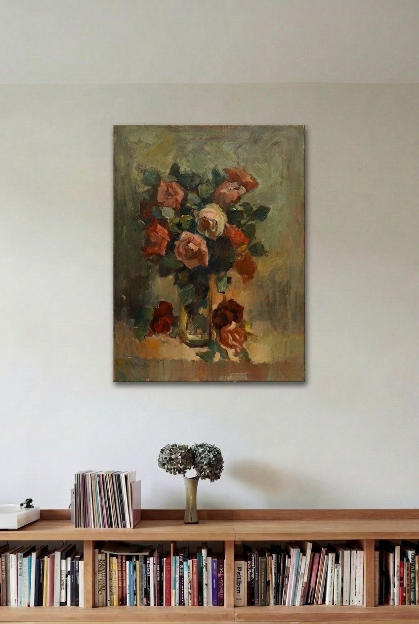Framed Mid 20th Century Oil Still Life Of Roses photo for sale
