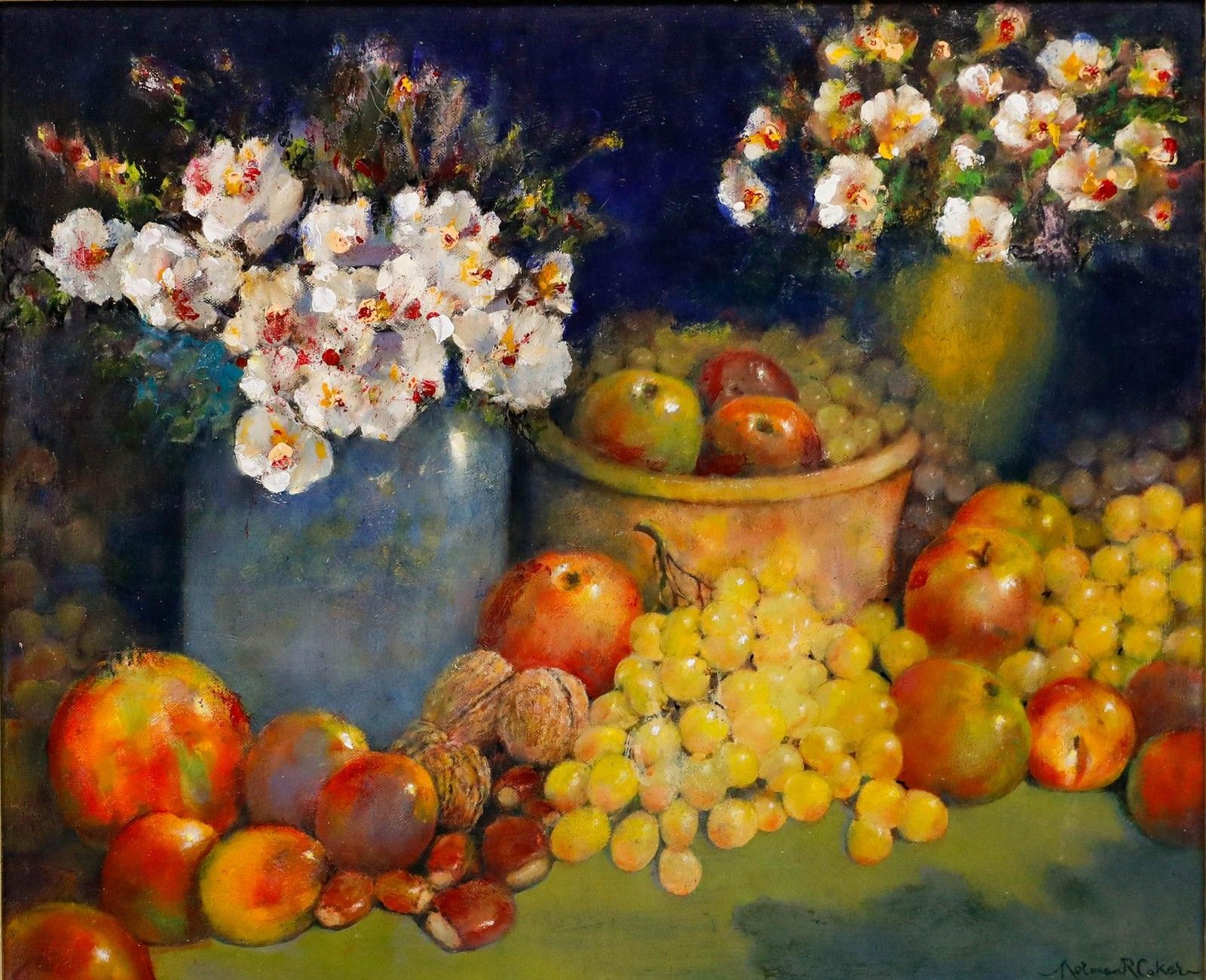 Norman R. Coker Framed Contemporary Oil, Still Life Fruit & Flowers photo furniture