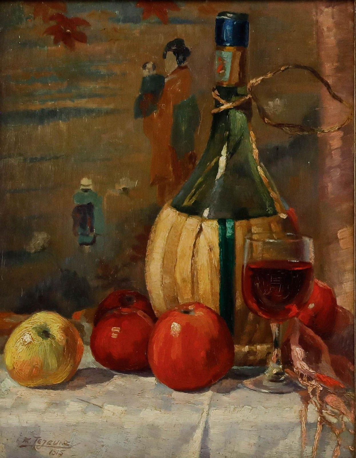 Frans Lejeune (1879 1963) Framed Oil, Still Life Of Wine & Apples photo furniture