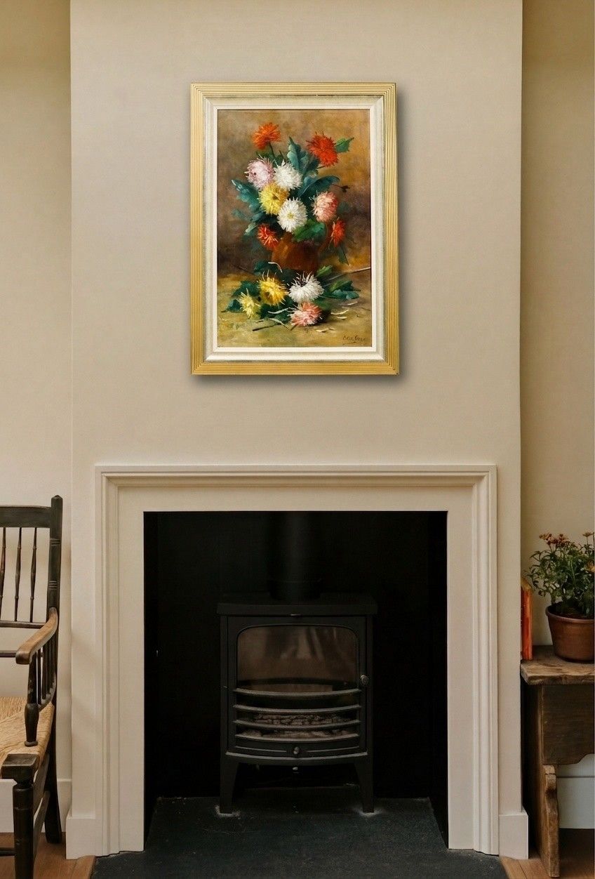 Celine Genyn Framed Early 20th Century Oil, Bouquet Of Dahlias photo for sale
