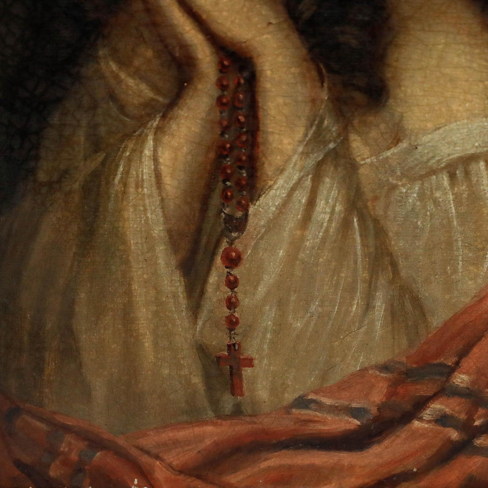 Framed 19th Century Oil Young Woman With Red Rosary photo 450.0
