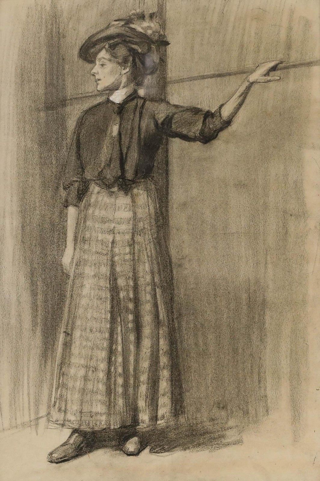 O. Muck (Fl.1898 1907) Early 20th Century Charcoal Drawing, An Elegant Pose photo furniture
