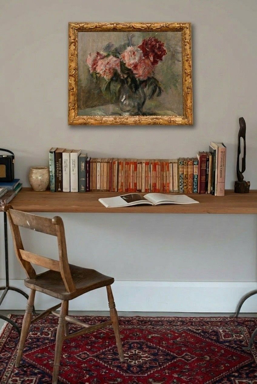 Cecile Hertz Eyrolles (1875 1974) Framed Mid 20th Century Oil, Pink Peonies photo for sale