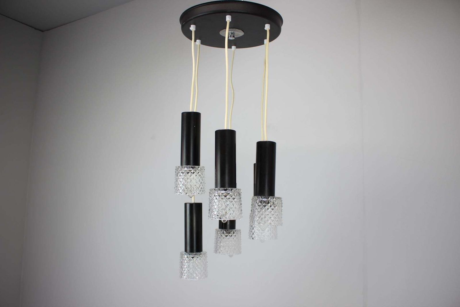 1970s Czechoslovak Mid Century Modern Five Light Glass Pendant Chandelier photo for sale