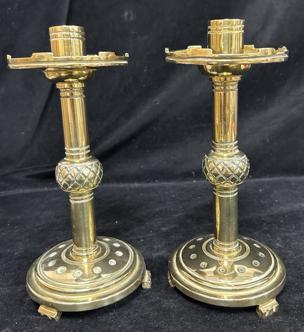 Pair Brass Candlesticks Gothic Revival Victorian