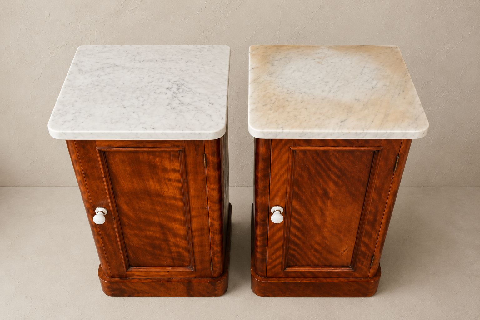 Near Pair Of Marble Topped Figured Mahogany Bedside Cabinets Circa 1930 photo for sale