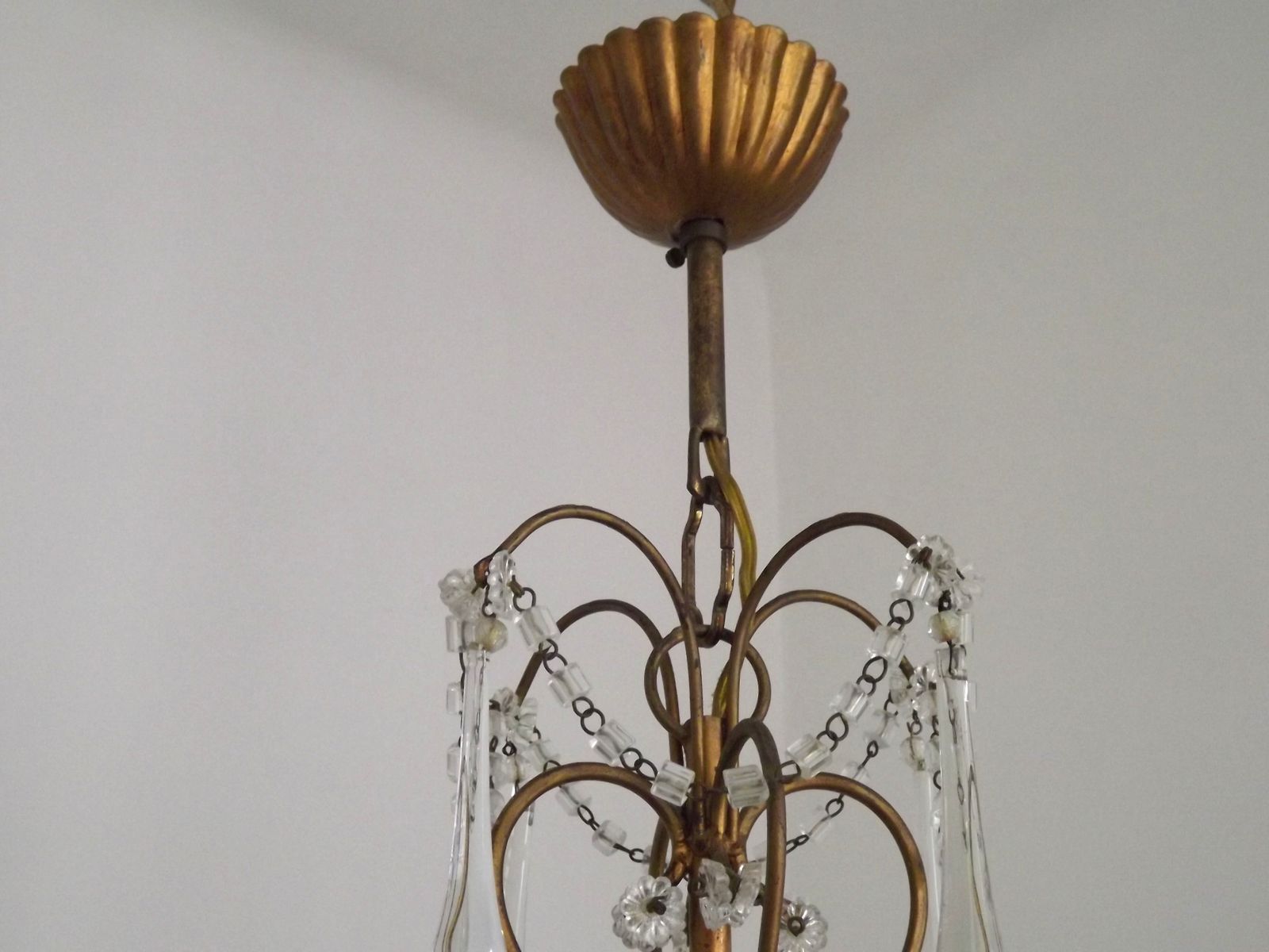 Vintage French 4 Arm Gilded Toleware Cage Chandelier With Clear Seed Bead Swags And Clear Murano Drops photo Lighting