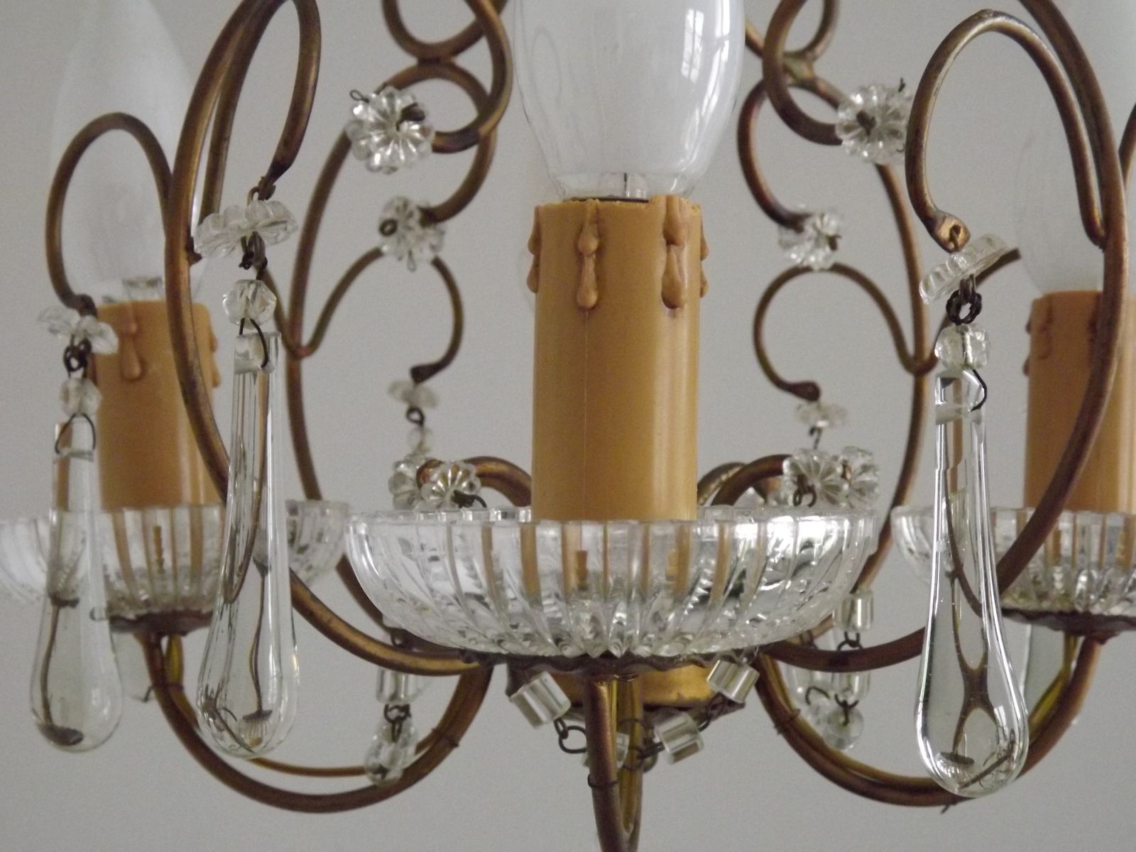 photo for sale Vintage French 4 Arm Gilded Toleware Cage Chandelier With Clear Seed Bead Swags And Clear Murano Drops