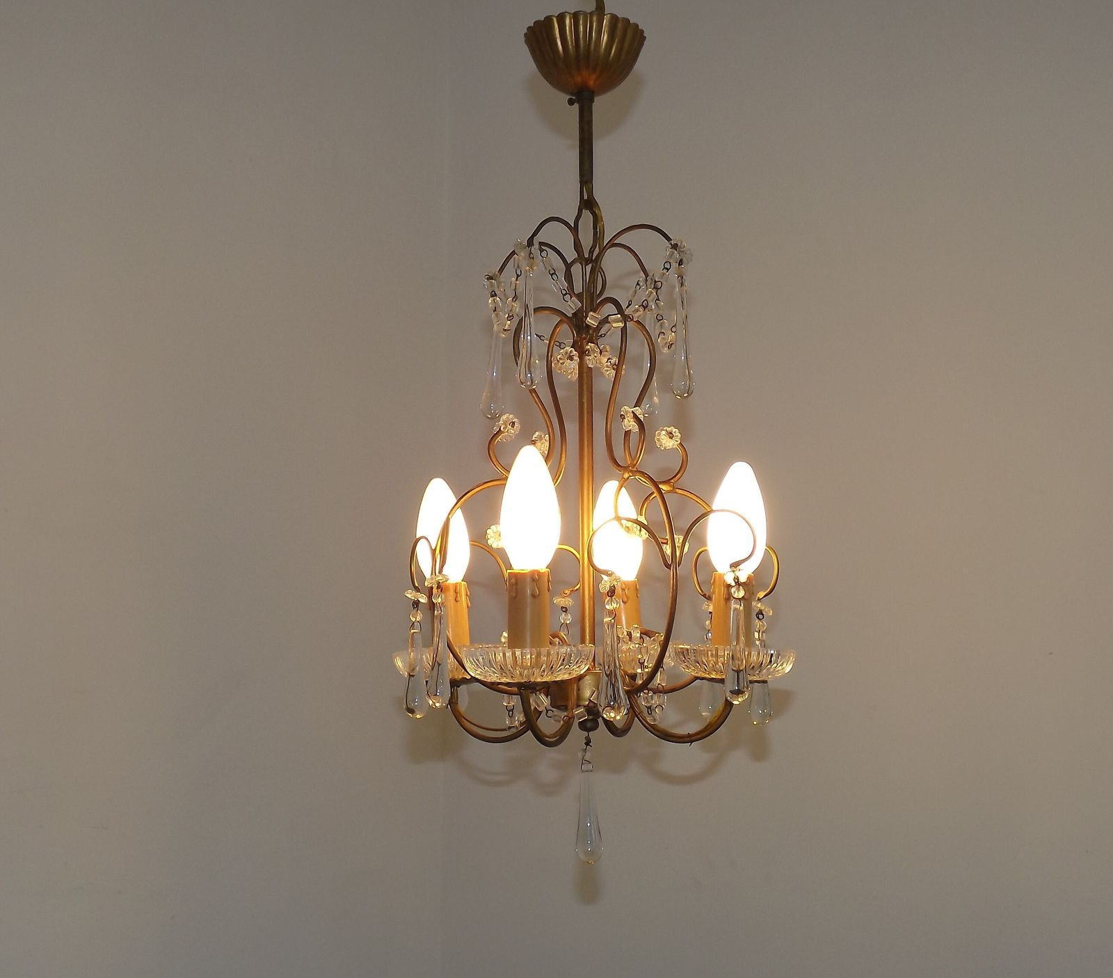 Vintage French 4 Arm Gilded Toleware Cage Chandelier With Clear Seed Bead Swags And Clear Murano Drops photo furniture
