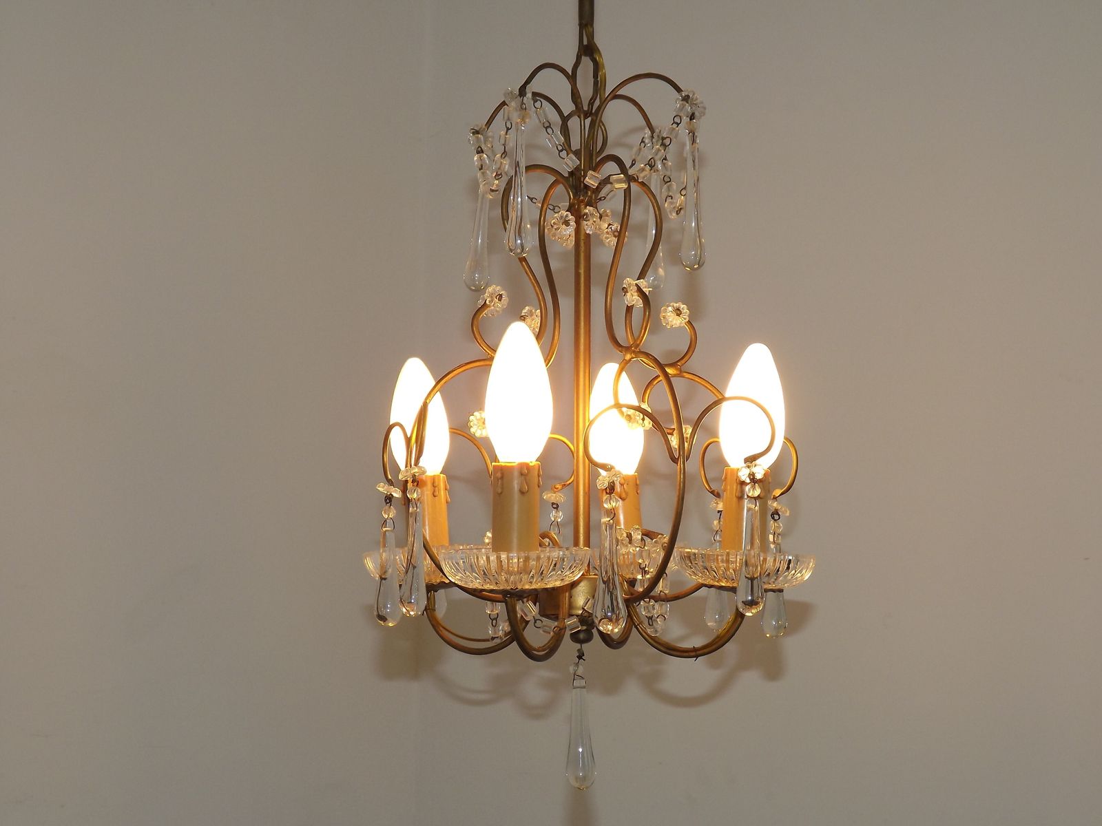 photo buy Vintage French 4 Arm Gilded Toleware Cage Chandelier With Clear Seed Bead Swags And Clear Murano Drops