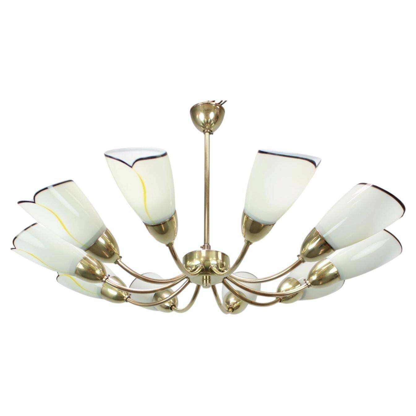 1960s Czechoslovak Mid Century Modern Ten Arm Brass And Glass Chandelier