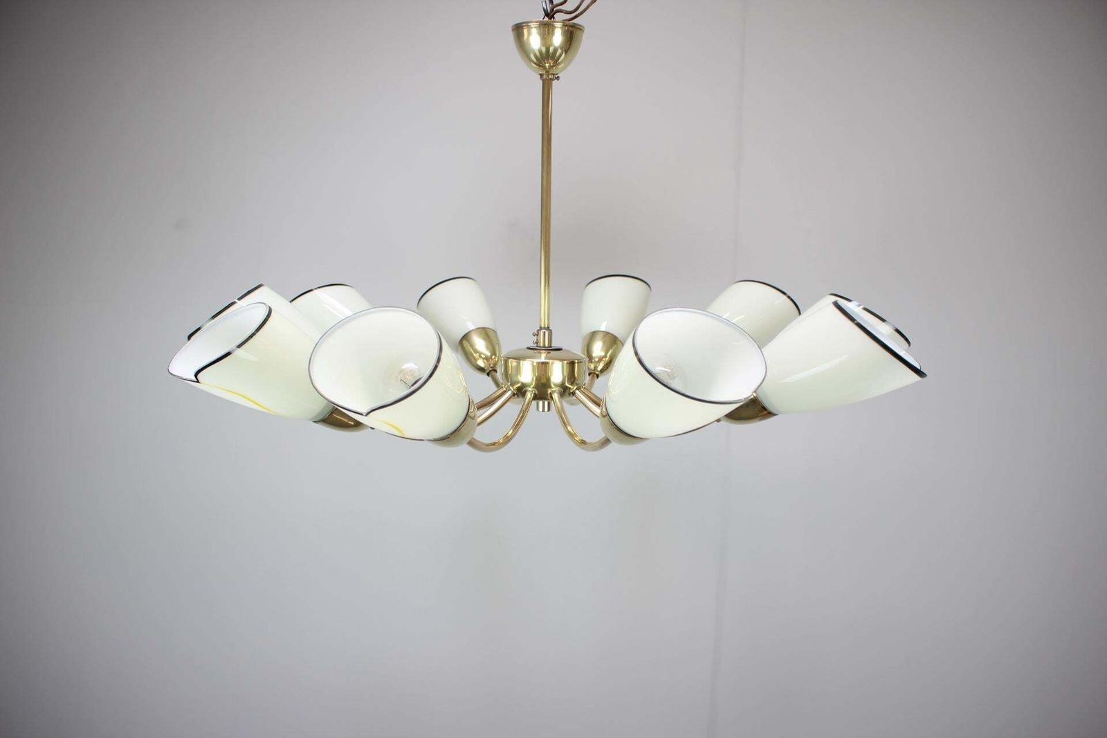 1960s Czechoslovak Mid Century Modern Ten Arm Brass And Glass Chandelier photo for sale