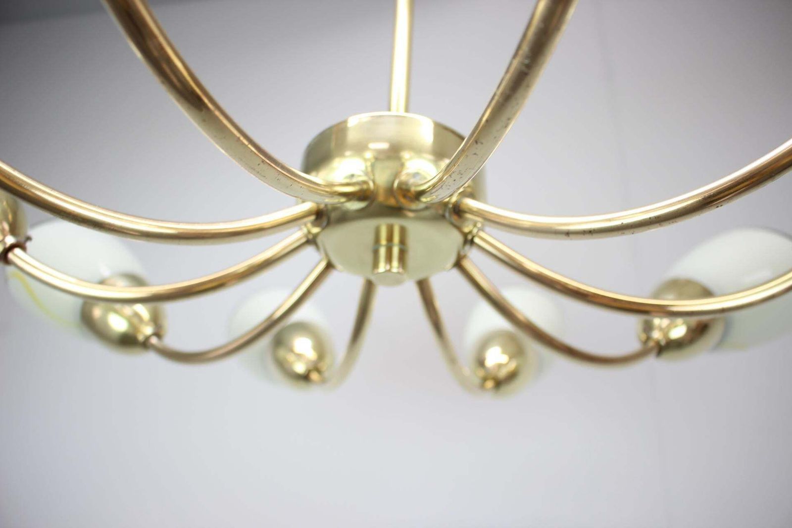 1960s Czechoslovak Mid Century Modern Ten Arm Brass And Glass Chandelier photo vinterior