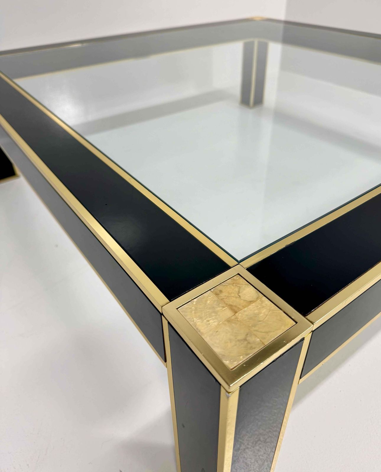 Square Coffee Table Attr. To Pierre Cardin In Black Lacquer, Brass, Glass, 70s photo buy
