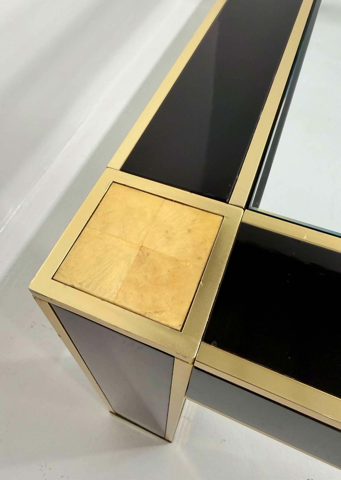 photo furniture Square Coffee Table Attr. To Pierre Cardin In Black Lacquer, Brass, Glass, 70s