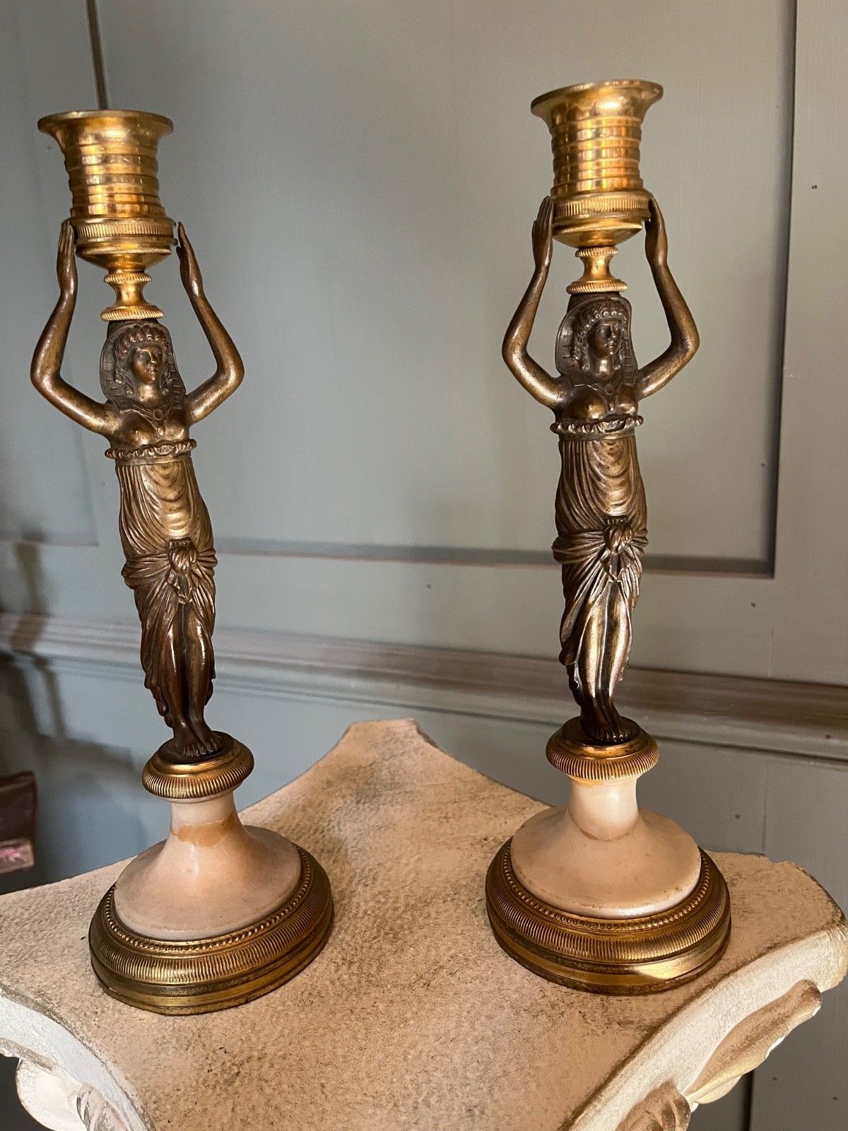 Antique Pair Of  Bronze Candlesticks Neo Classical Louis XVI Style photo for sale