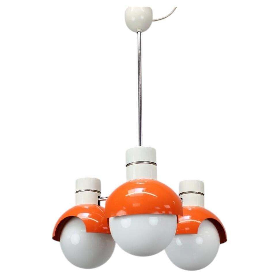 1970s Czechoslovak Napako Space Age Orange And Opaline Glass Chandelier