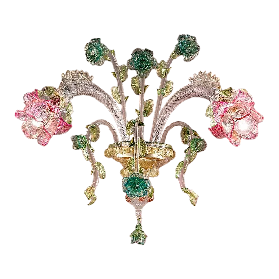 Classical Luxury Venetian Pink And Green Floreal Murano Glass Wall Sconce