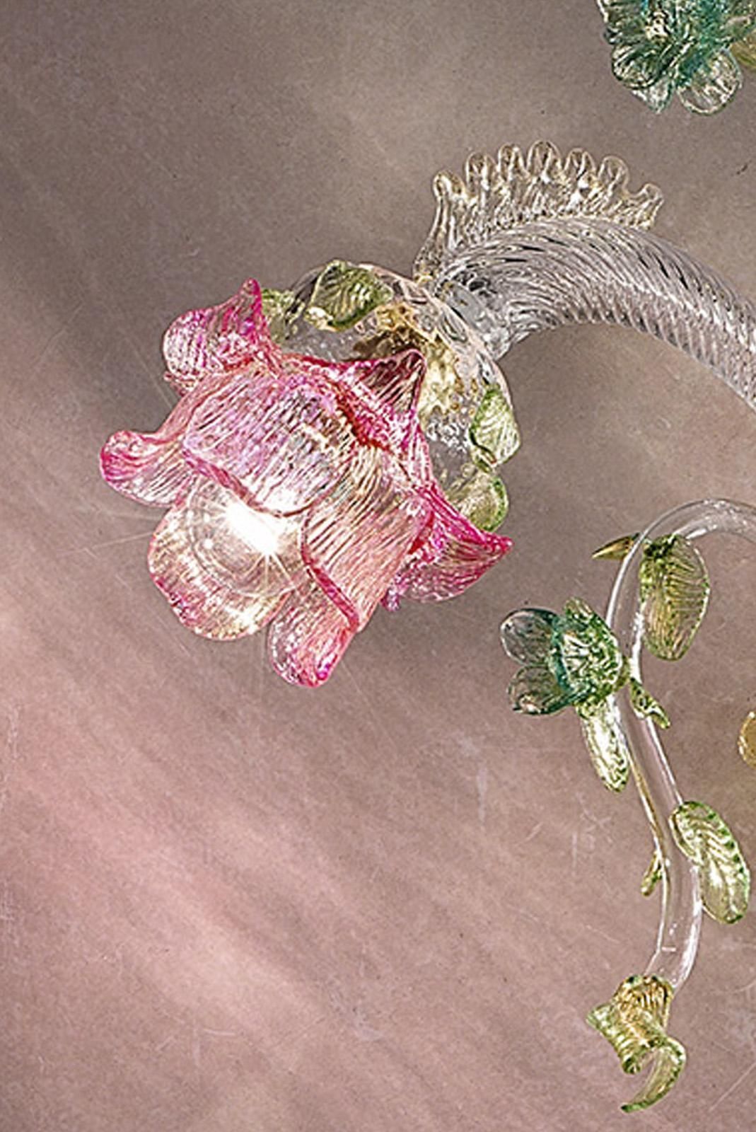 Classical Luxury Venetian Pink And Green Floreal Murano Glass Wall Sconce photo for sale