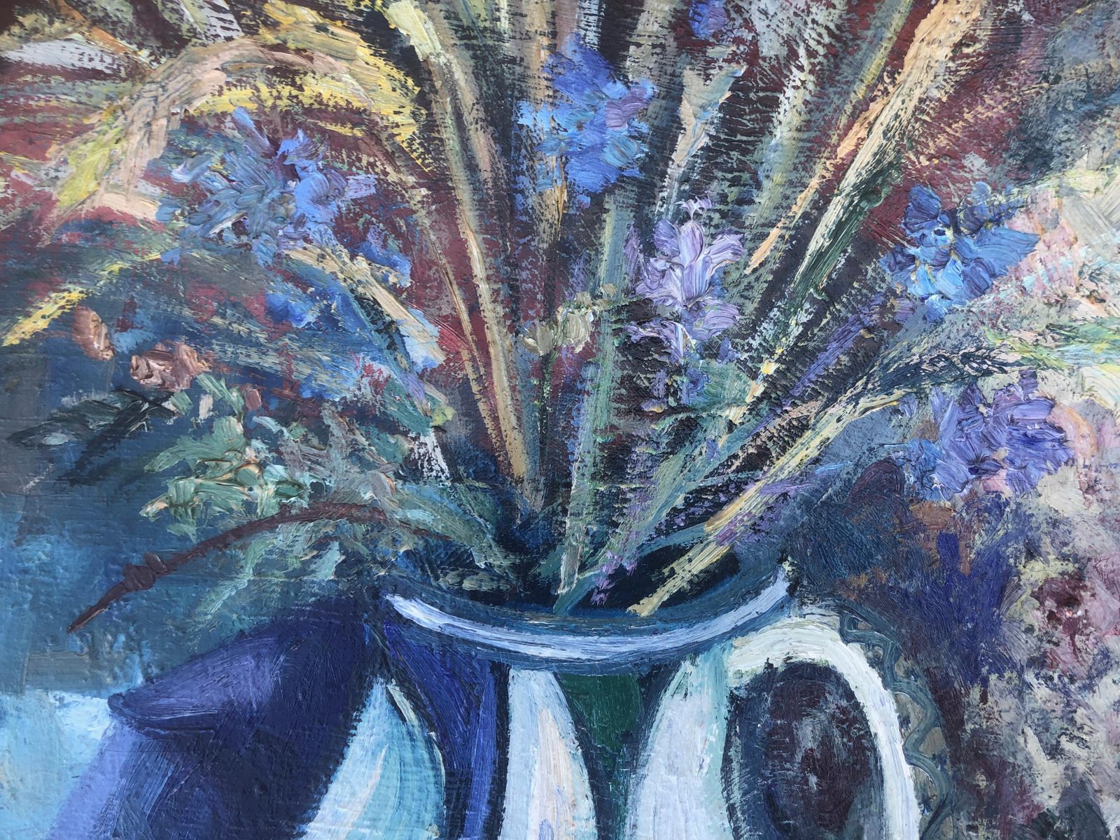 Romualdo Fernandez Barrera Mediterranean Floral Still Life With Ceramic Vase And Blue Drapery Oil On Canvas C.1975 photo Art