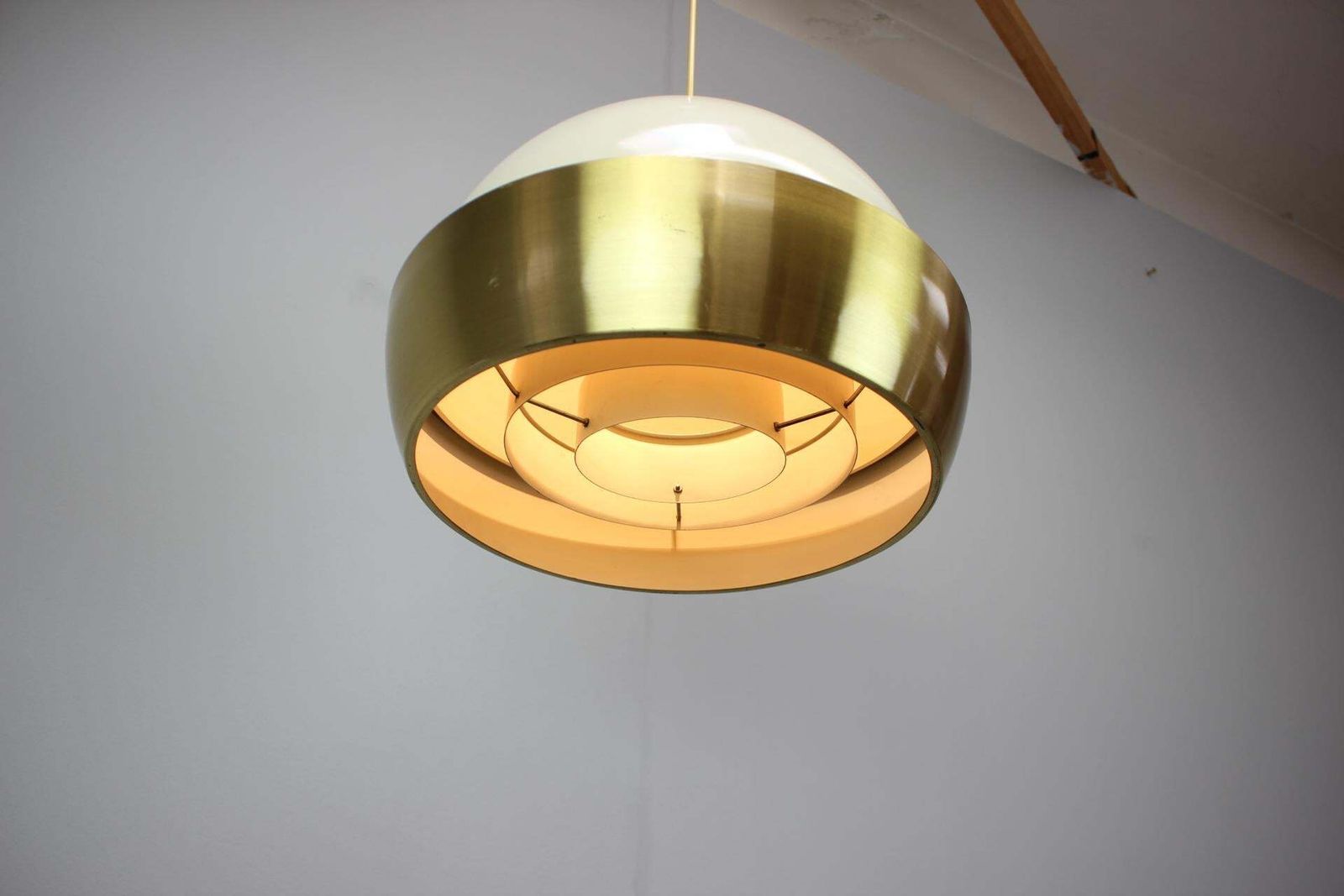 photo for sale 1970s European Mid Century Modern Brass Metal Space Age Pendant Lamp