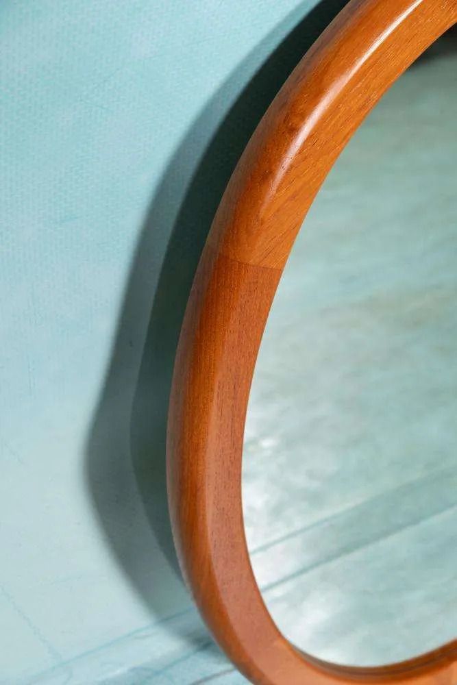 Vintage Deens Design Xl Spiegel Teakhouten, Ovale Silkeborg Spiegel. photo for sale