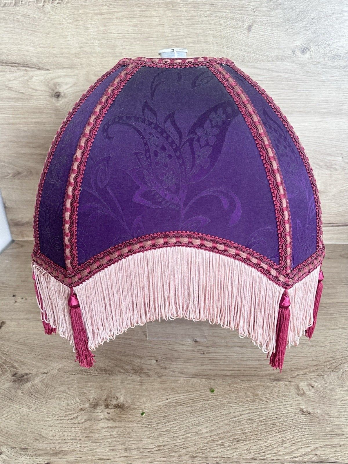 Downton Style Vtg Empire Tassel Lampshade Purple Damask Fringe Boudoir 35cm photo for sale